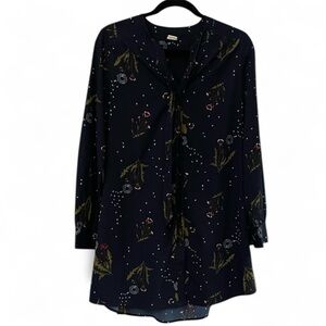 Wild Pearl Midnight Blue Floral Dress XXS Button Tie Front Cuff Sleeve Flowy